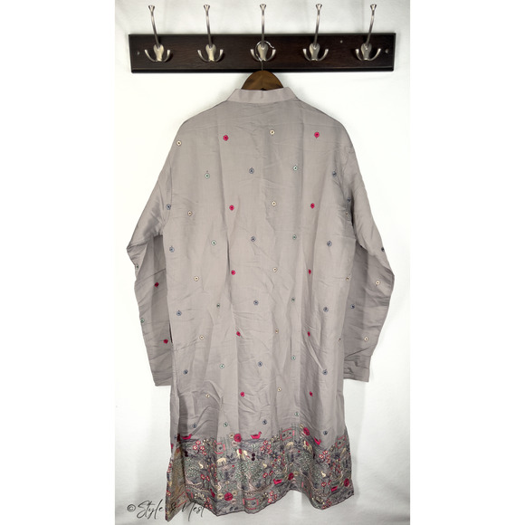 Embroidered Pakistani/Indian Kurta Grey Floral Nature Men's Cotton Daman 2XL - Picture 5 of 5